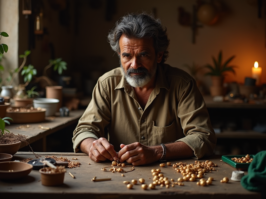 Elderly man with a beard planting seeds in pots, surrounded by gardening tools and plants.