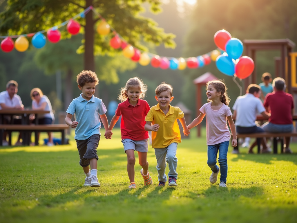 Four children joyfully running together in a park, surrounded by balloons and adults enjoying a gathering.