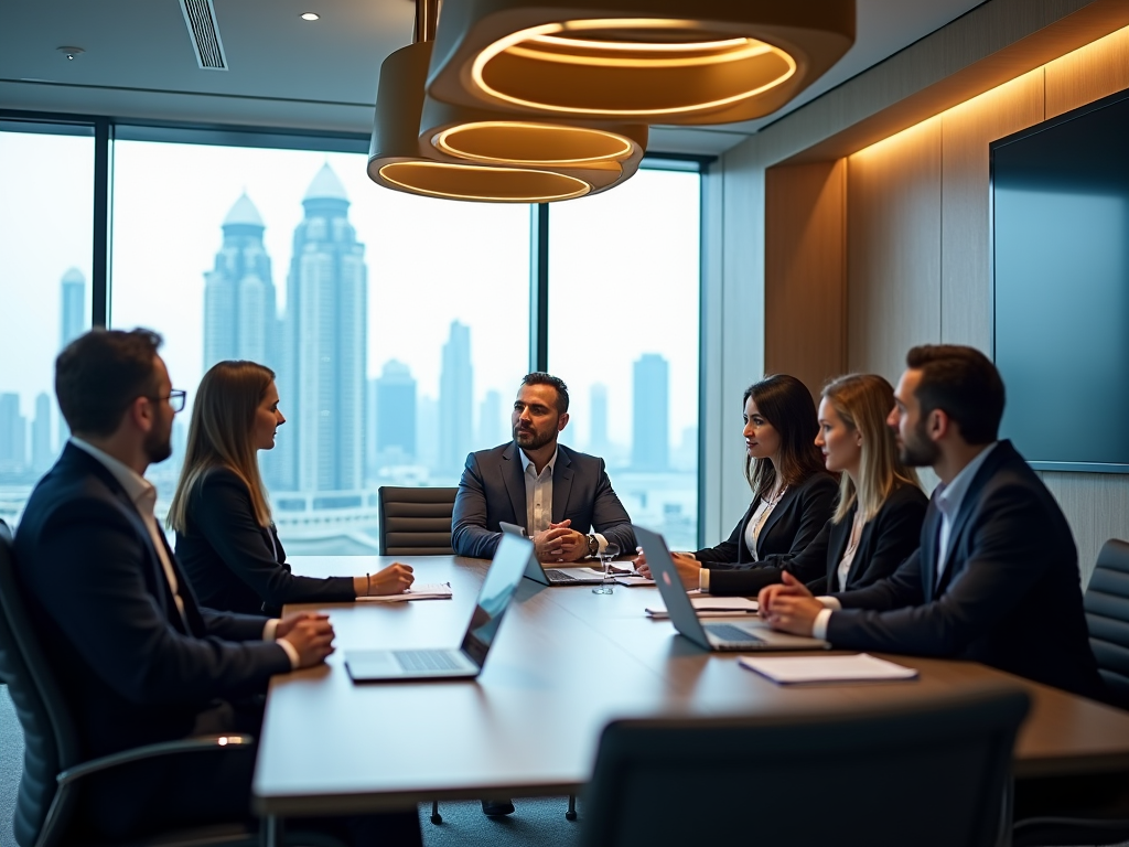 Business professionals in a boardroom meeting with cityscape visible through window.