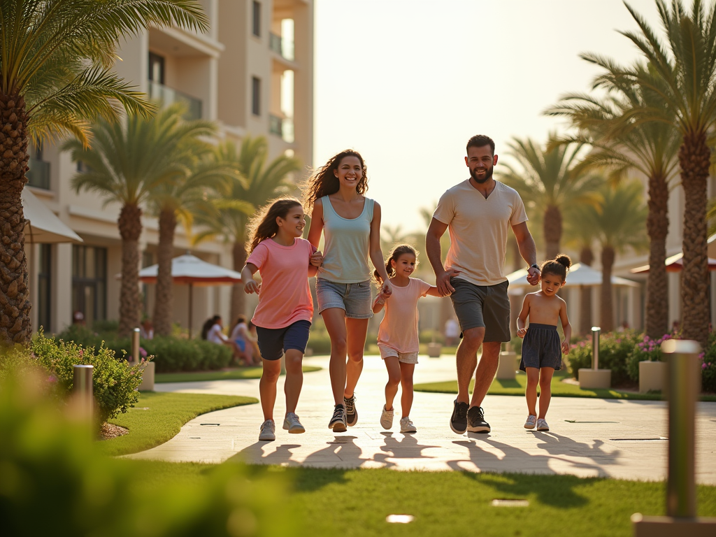 A family of five walks joyfully along a sunlit pathway lined with palm trees and greenery.