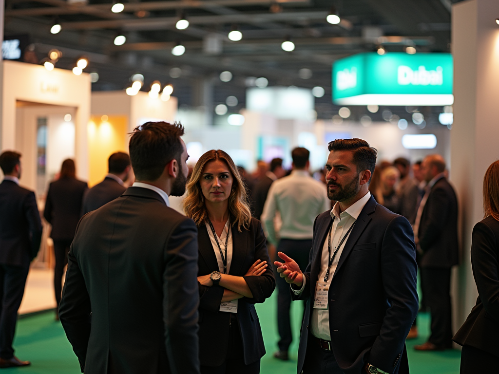 A group of professionals in business attire engaged in a discussion at a busy conference.