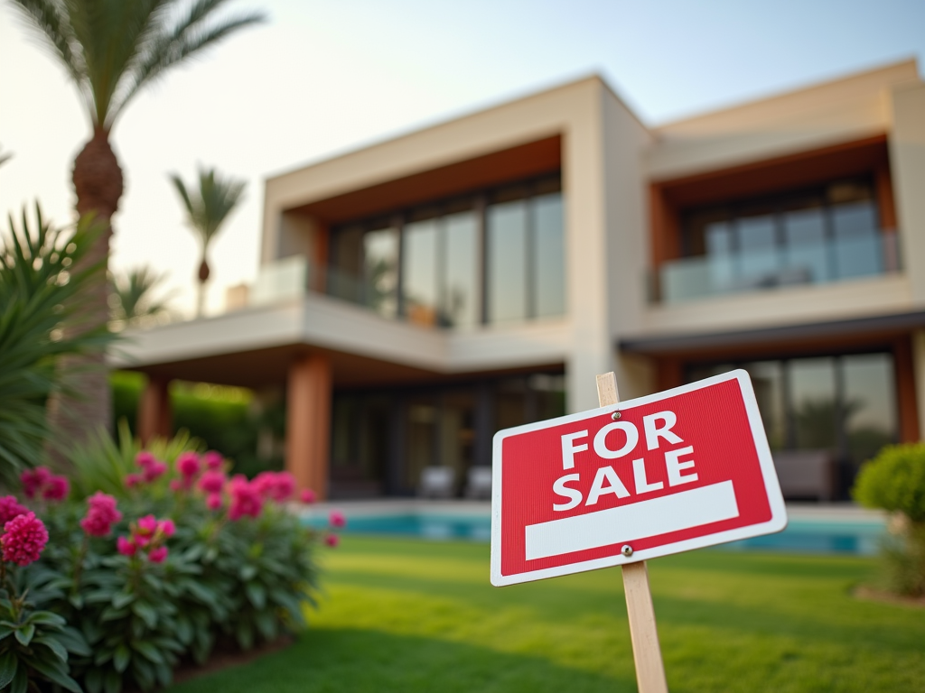 A "For Sale" sign in front of a modern house surrounded by vibrant flowers and palm trees.