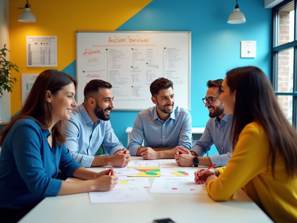 Diverse team smiling, discussing documents at a colorful office boardroom table.