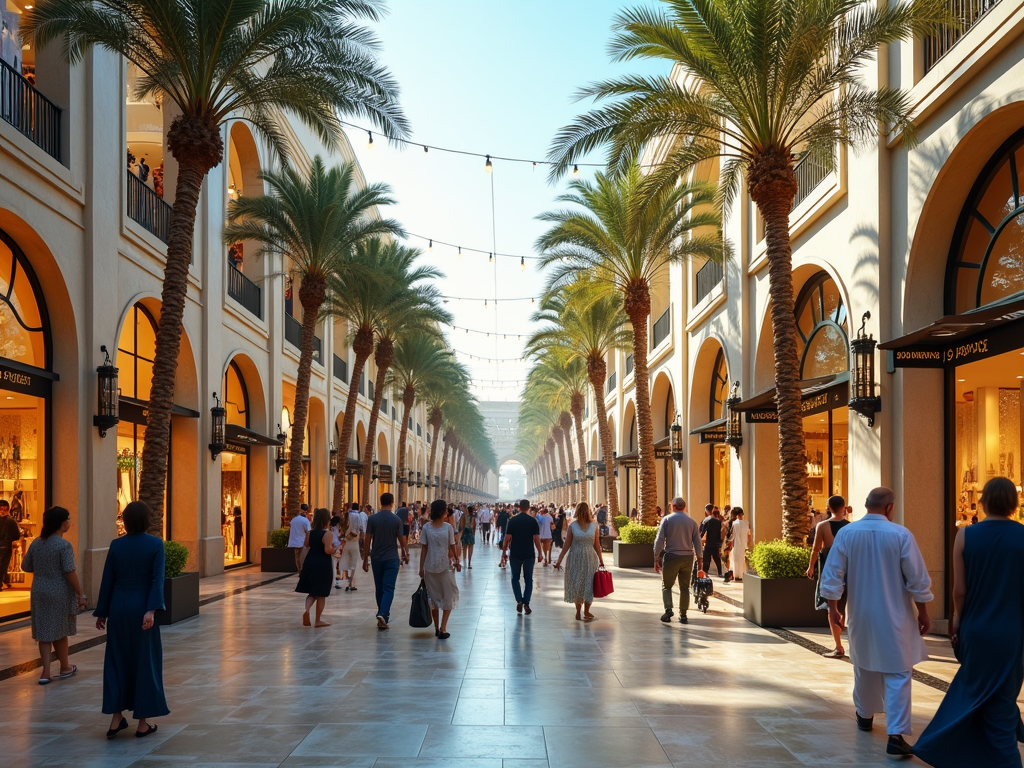 A bustling shopping promenade lined with palm trees and boutiques, filled with people enjoying their day.