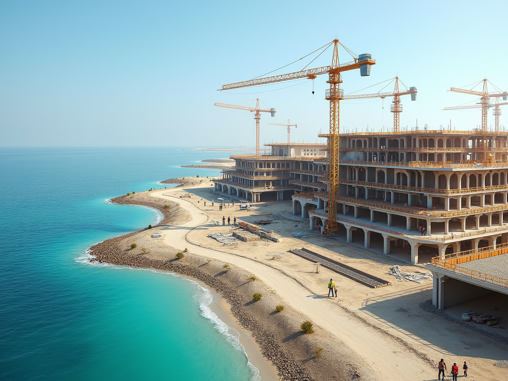 A coastal construction site with cranes, a building under construction, and people walking along the shore.