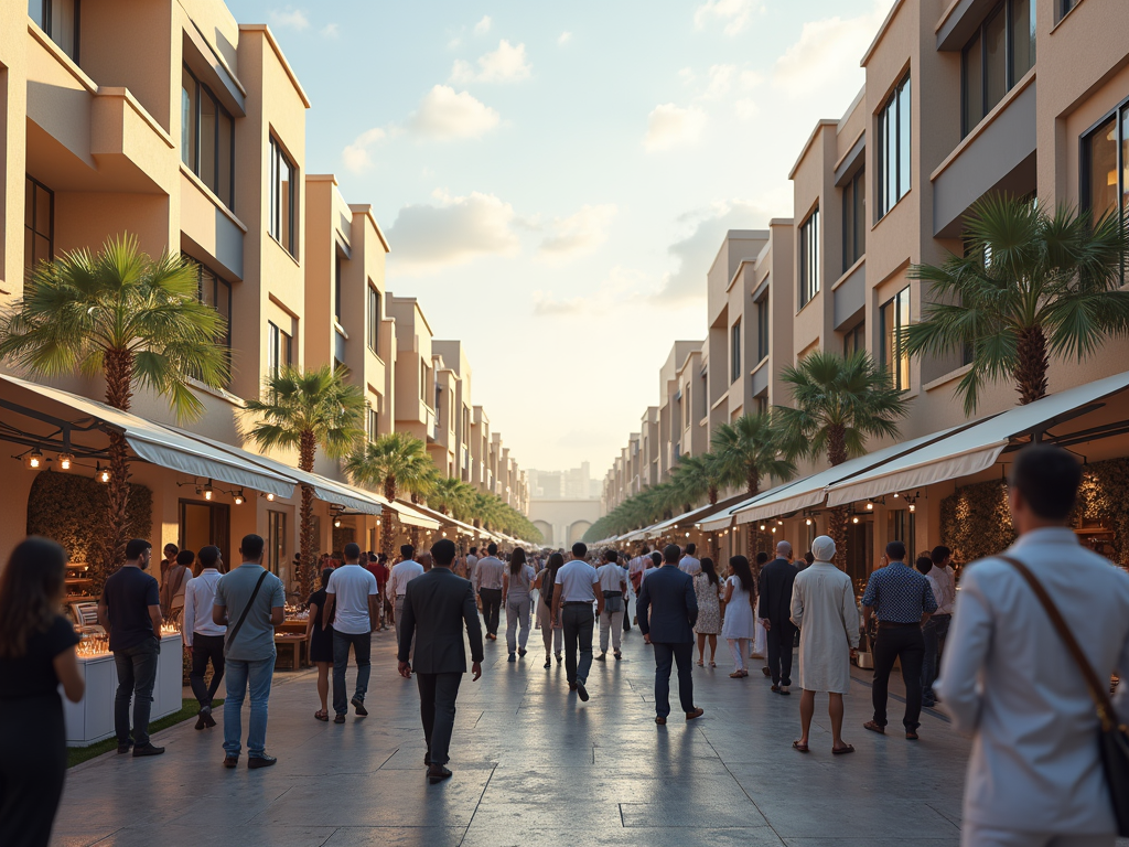 Crowded outdoor market between modern buildings, with people chatting and walking under a sunset sky.