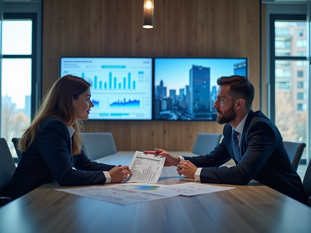 A man and woman in business attire discuss reports in a modern conference room with display screens.