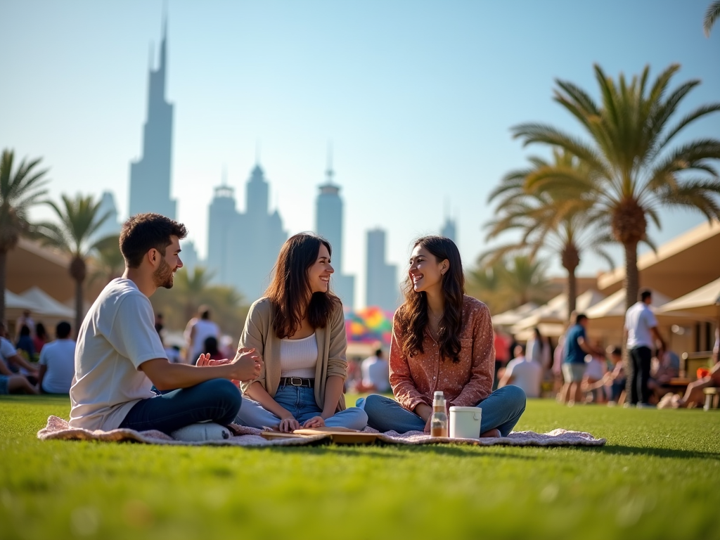 Three friends enjoy a picnic on the grass with a city skyline in the background, surrounded by palm trees.