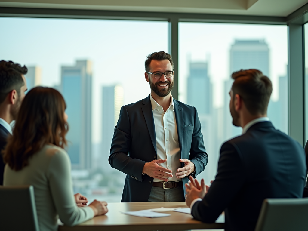 Man presenting to colleagues in a high-rise office setting with cityscape in background.