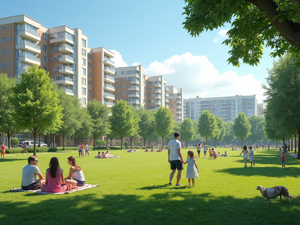 People relaxing and playing in a sunny park with modern apartment buildings in the background.