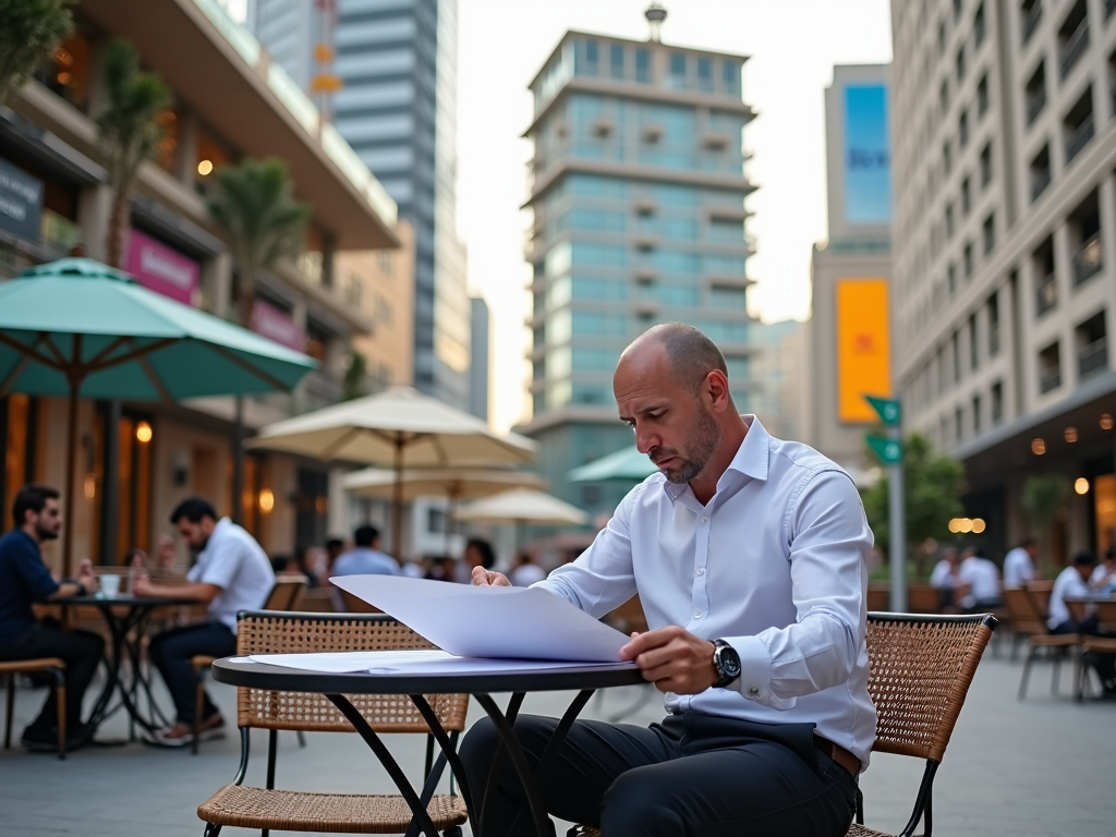 Bald man in white shirt reviewing documents at a cafe, with urban background.