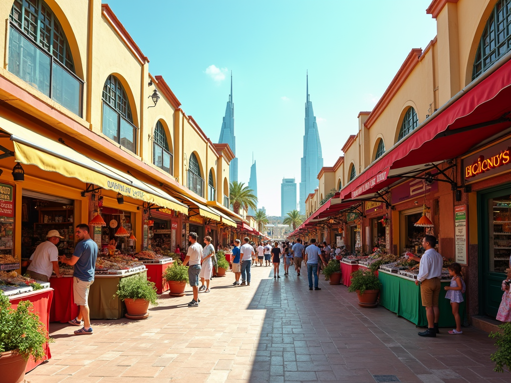 People walking and shopping at an outdoor market along a shaded path, with towering city skyscrapers in the background.