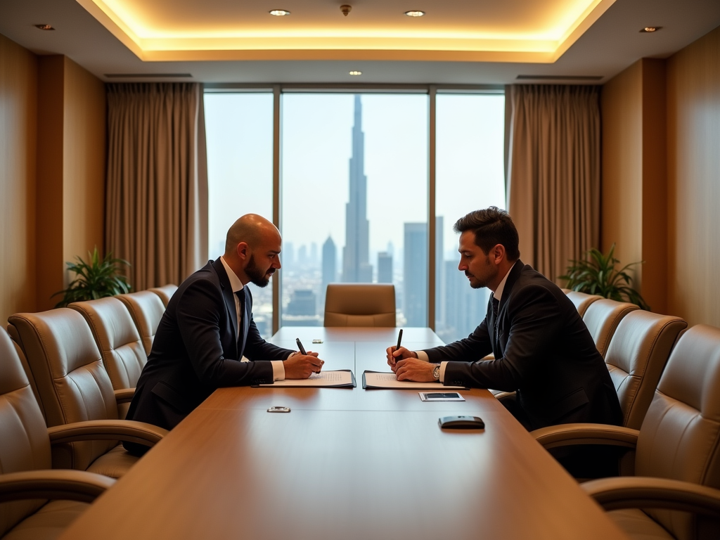 Two men in suits at a conference table with a city skyline view through a window.