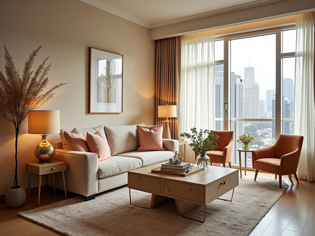 Elegant living room with a sofa, chairs, plants, and a city view through large windows.