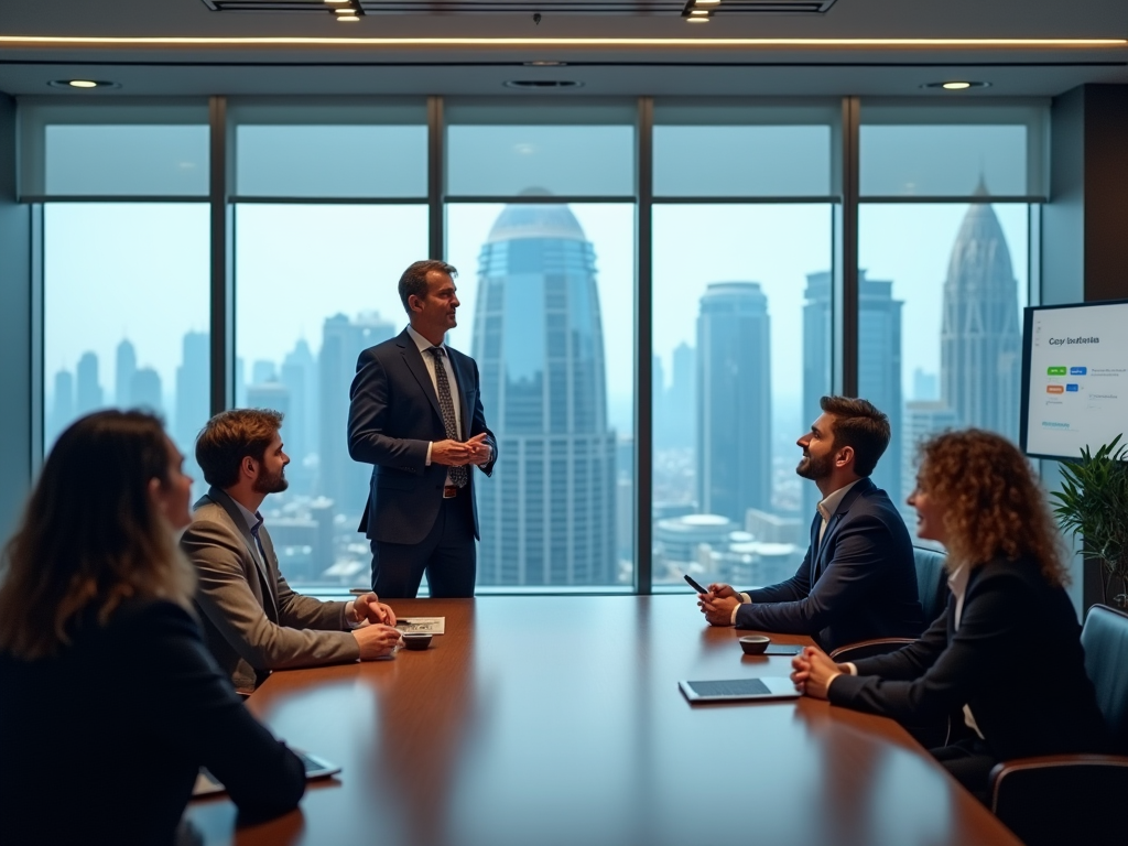 Business meeting in progress with a presenter and colleagues in a high-rise office overlooking a city skyline.