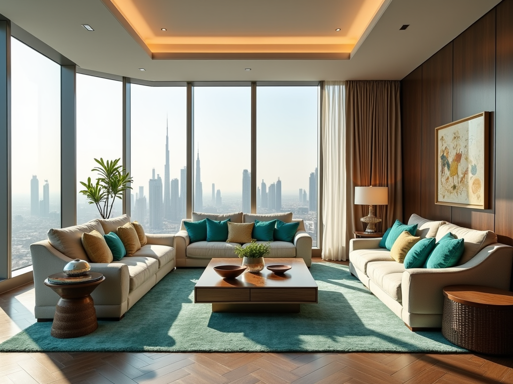 Luxurious living room with large windows overlooking a city skyline, contemporary furniture, and warm decor.