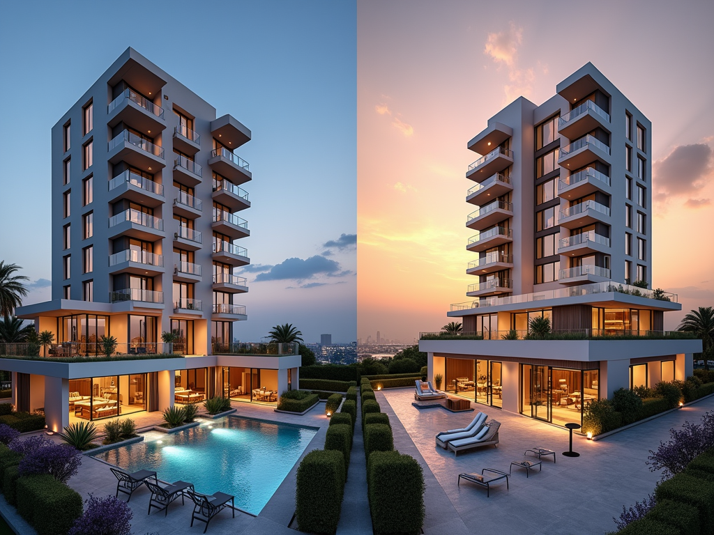 A modern six-story building with balconies, pool, and landscaped gardens at sunset, showcasing elegant architecture.