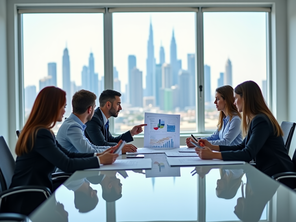 Business professionals discussing charts in a meeting room with city skyline in the background.