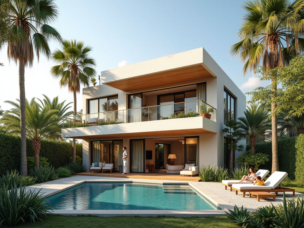 Modern house with balcony, palms, pool, and two people relaxing outdoors.