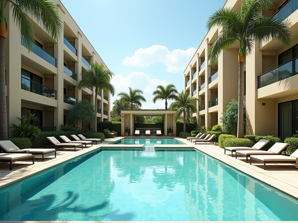 A serene pool area surrounded by palm trees and modern buildings, featuring lounge chairs and a clear blue sky.