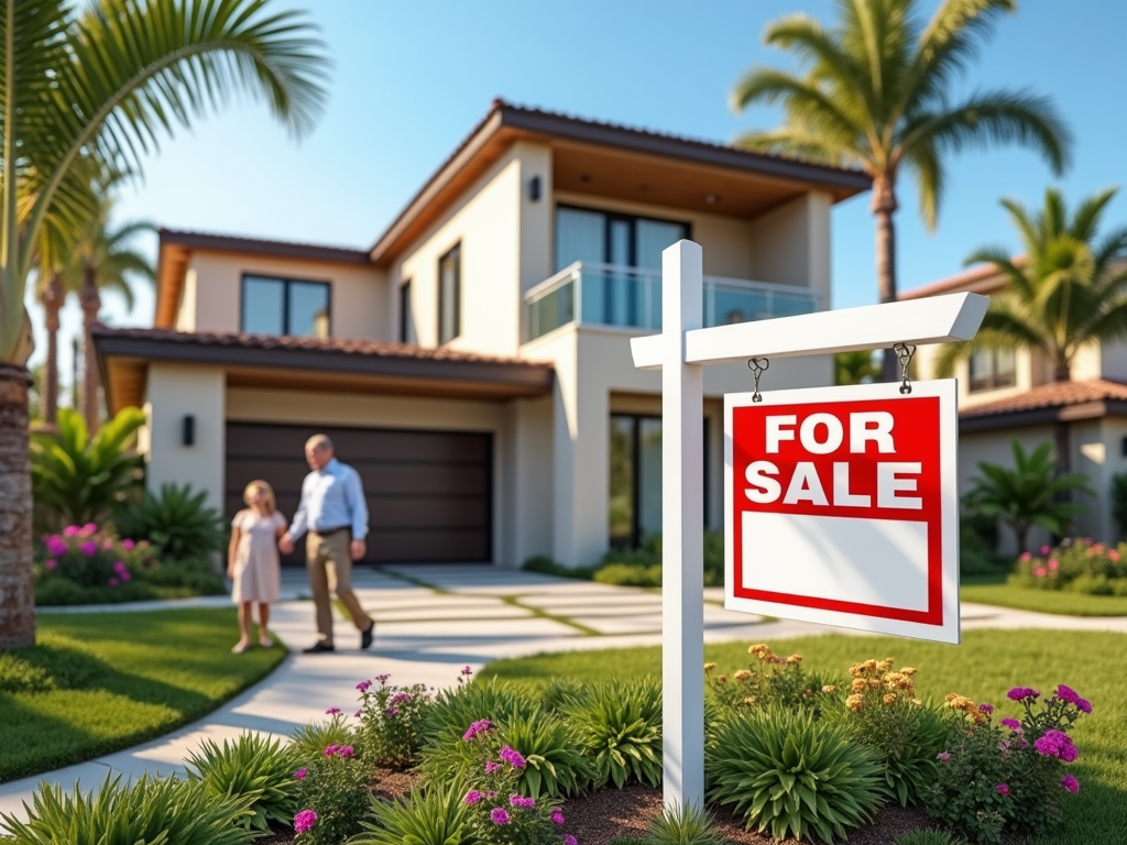 Family walking near a luxury home with a "For Sale" sign in the foreground.