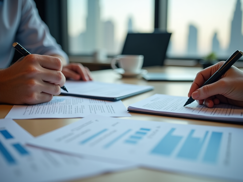 Two people writing on documents at a sunlit office desk with cityscape in the background.