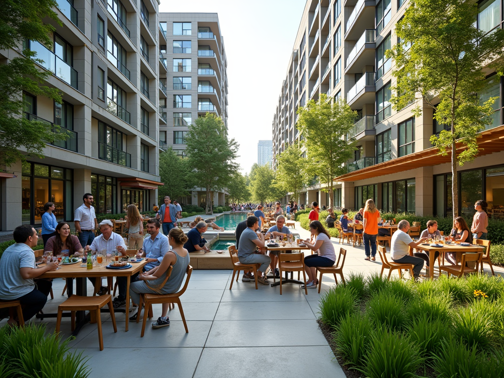 Outdoor dining area with people enjoying meals at tables among modern buildings and lush greenery.