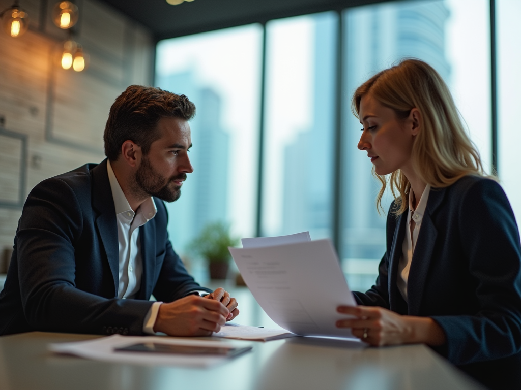 Two business professionals discussing documents in a modern office with city views.