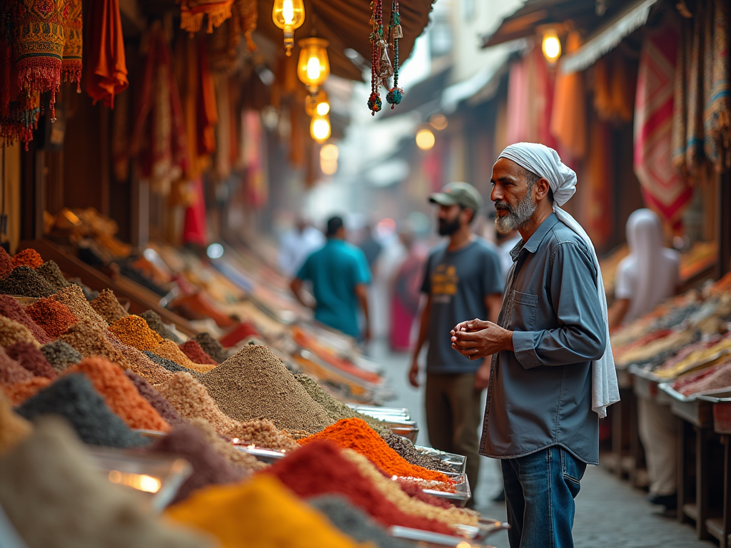 Elderly man with a white headscarf standing by colorful spice market stalls.