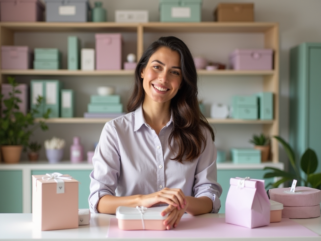 Smiling woman at a desk with various pastel-colored gift boxes, shelves with boxes in the background.