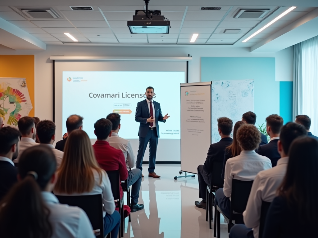 Man presenting at a business seminar, audience seated, with focus on a slide titled "Covamari License".