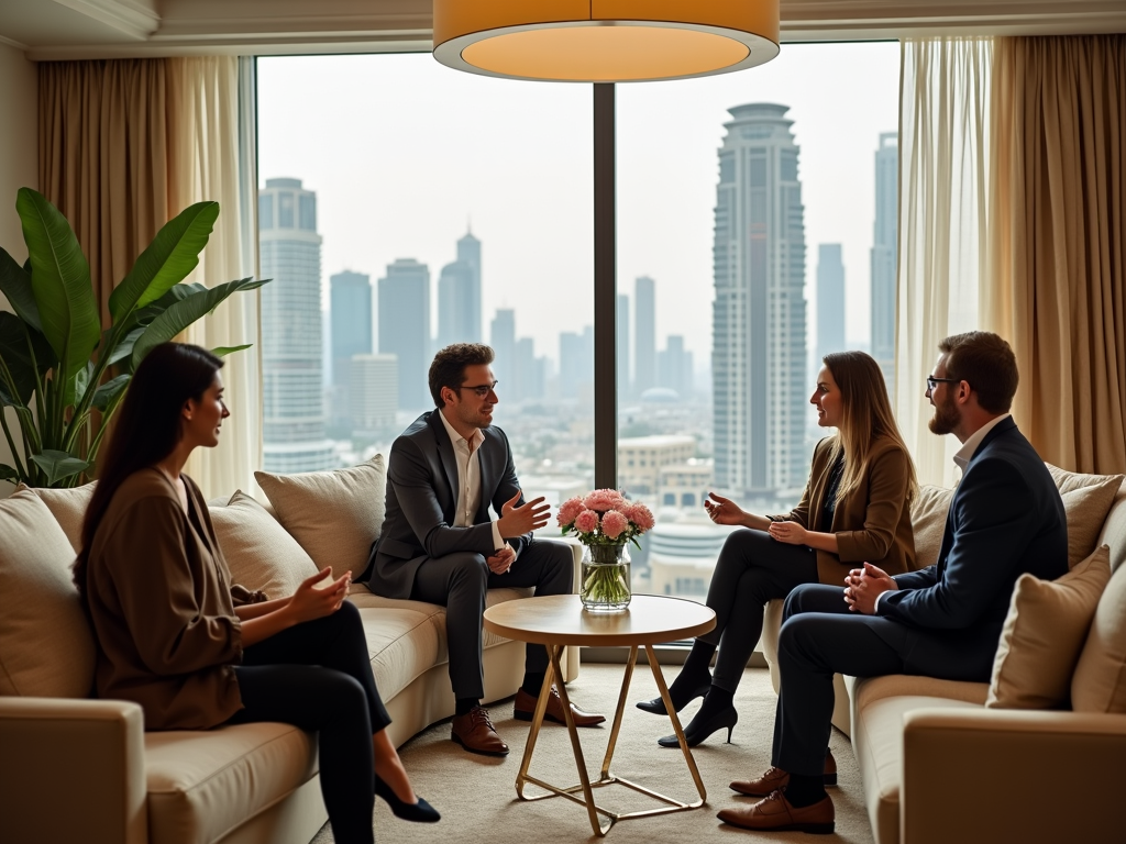 Four business professionals engaged in a discussion in a luxurious room with city skyline views.