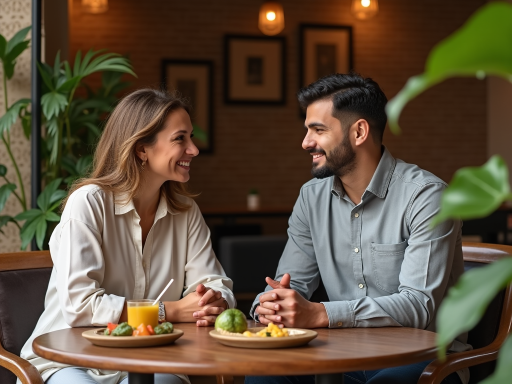 Smiling man and woman sitting at a cafe table, engaged in a pleasant conversation over drinks and snacks.