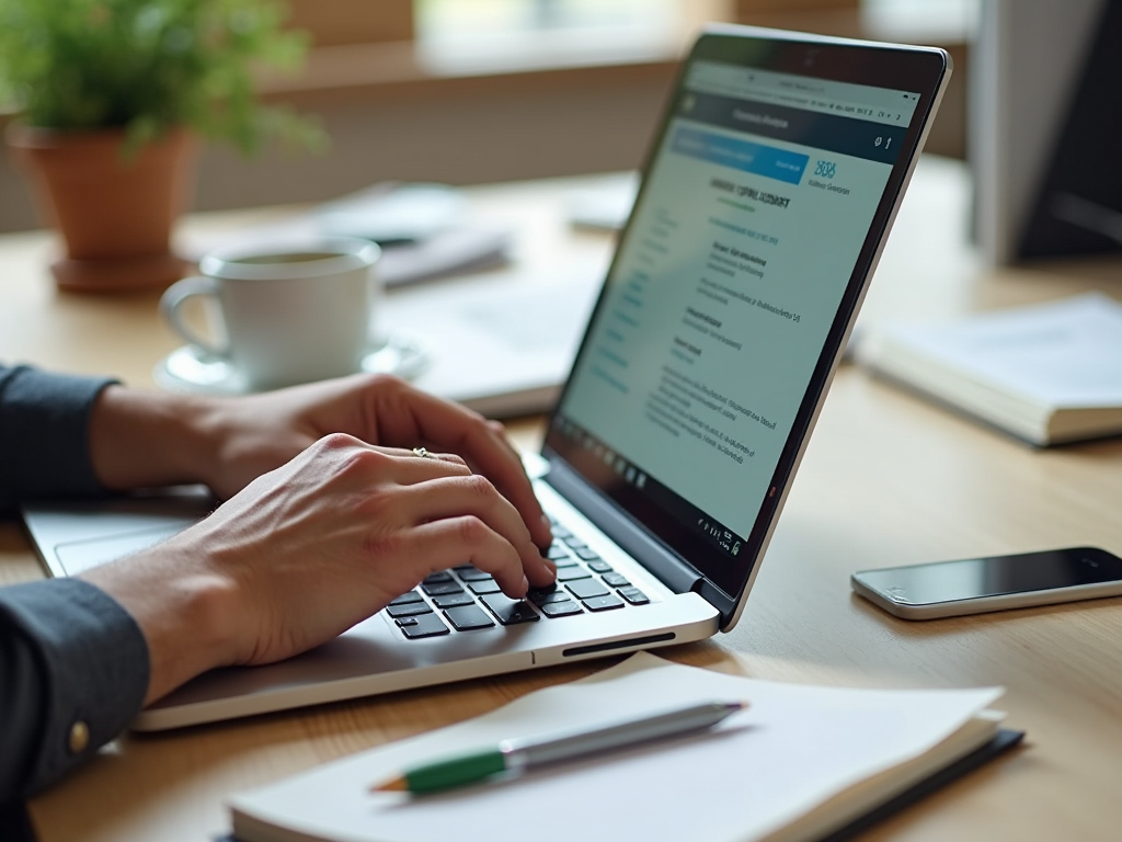 Person typing on laptop with a coffee cup and mobile phone on the table.