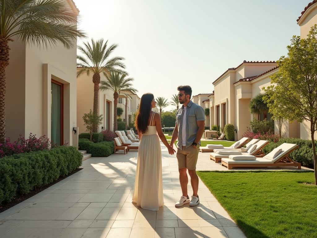 Man and woman talking in a luxurious garden pathway, surrounded by palm trees and elegant buildings.