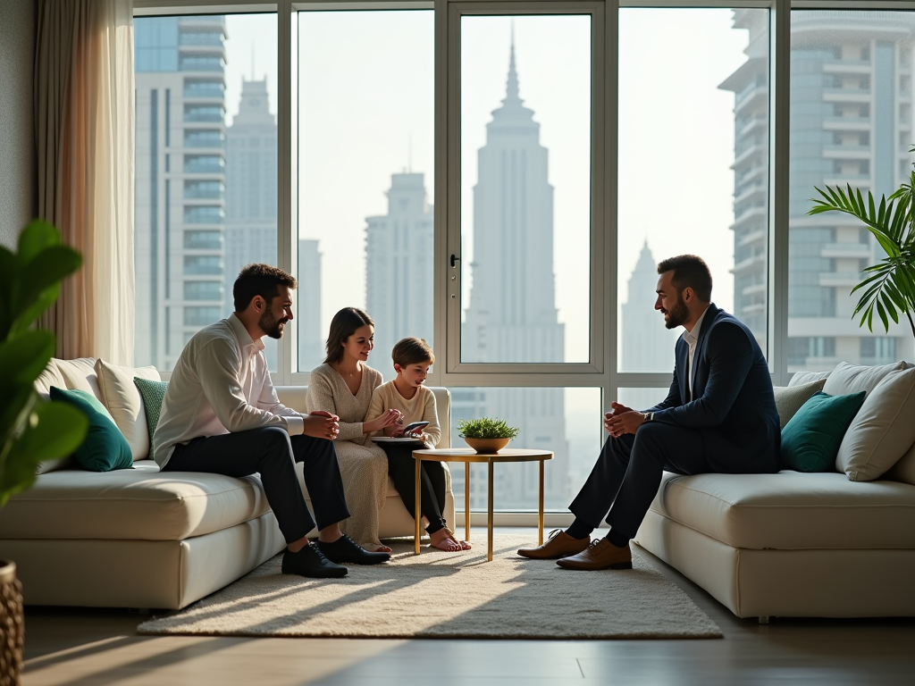 A family sits in a modern living room, talking with a man in a suit, with a city skyline in the background.