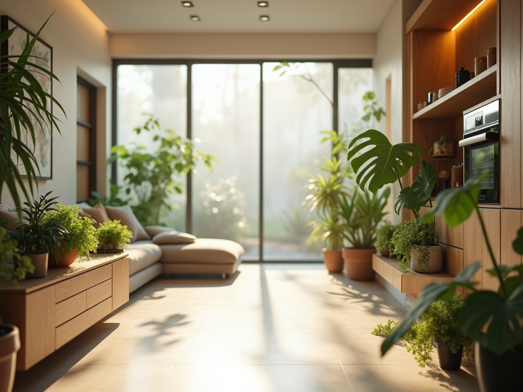 A bright, modern living room with a sofa, plants, and large windows letting in natural light.