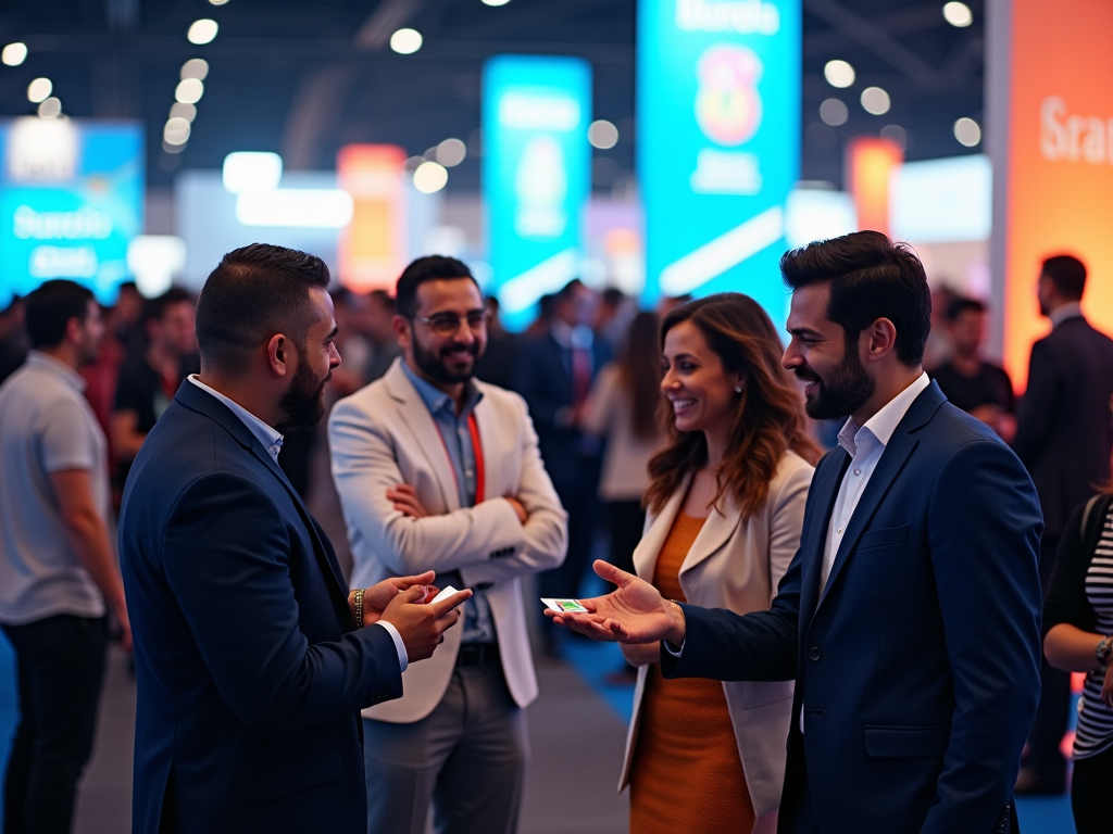 Four professionals conversing at a busy conference with bright digital displays in the background.