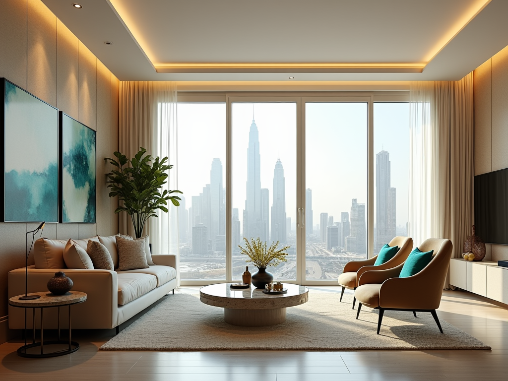 A modern living room with large windows showcasing a city skyline, featuring stylish furniture and decorative plants.