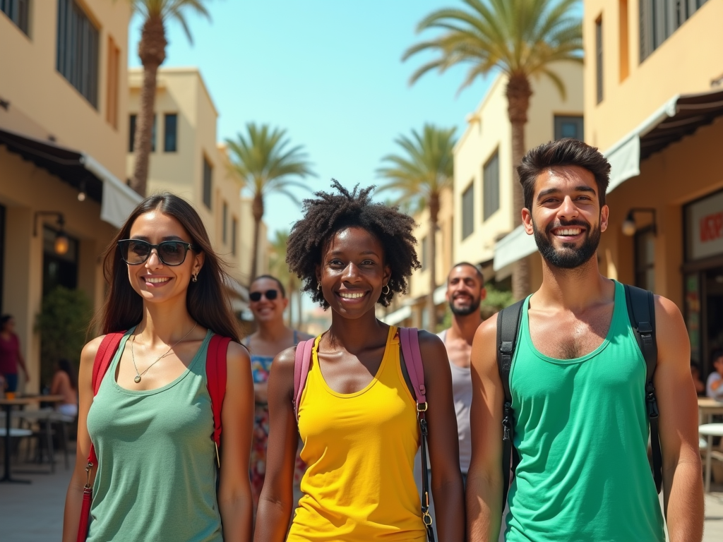 Three joyful friends walking together on a sunny street lined with palm trees and shops.