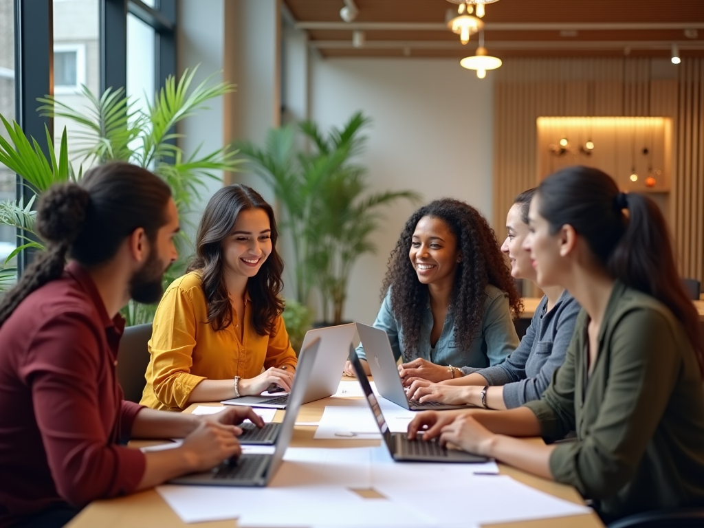 Five colleagues discussing and smiling at a table with laptops in a modern office.