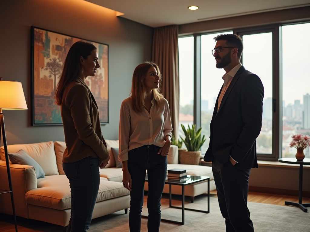 Two women and a man having a conversation in a stylish living room with city view.