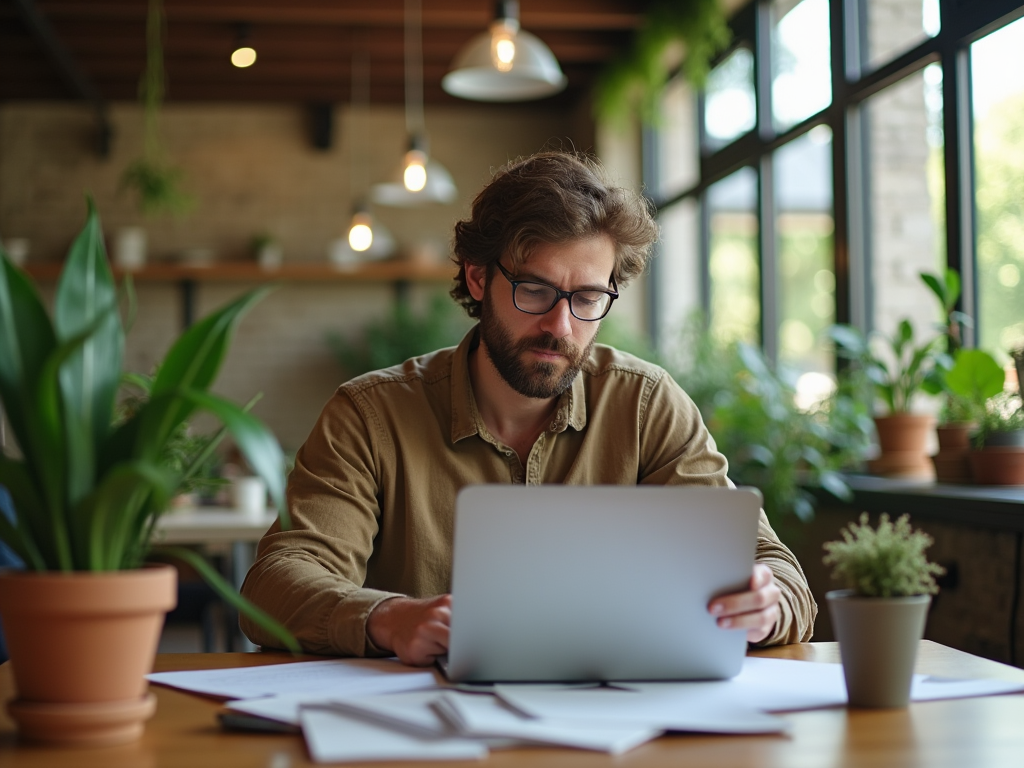 Man with glasses concentrating on laptop in a plant-filled cafe workspace.