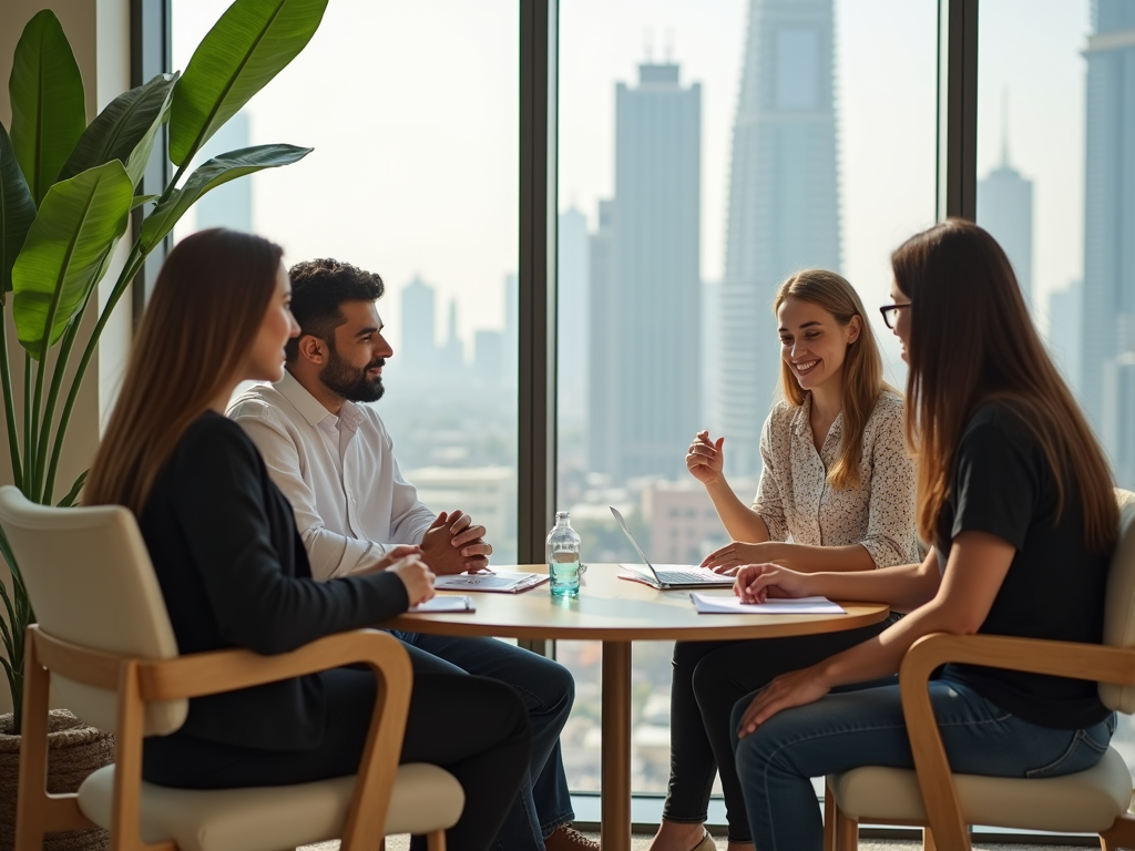 A group of four professionals engaged in a discussion around a table with a city skyline in the background.