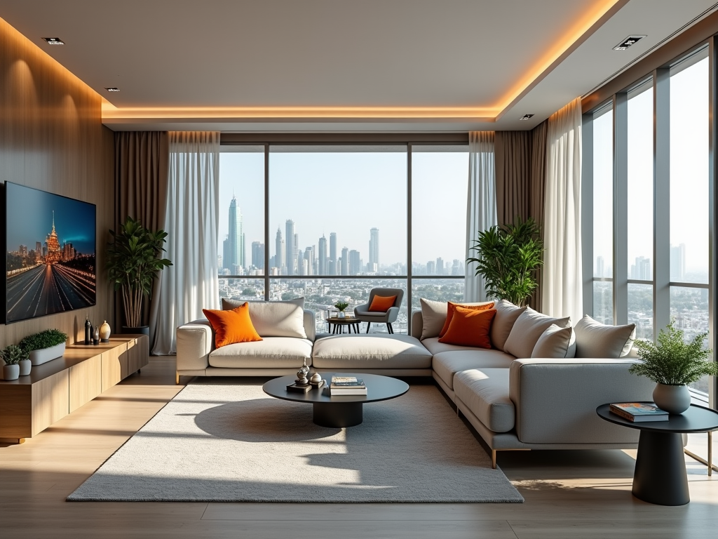 A modern living room features a sofa, coffee table, and city skyline view through large windows. Soft lighting enhances ambiance.