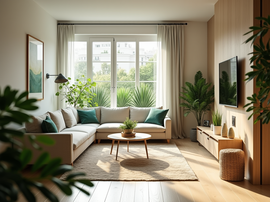 A cozy living room with a sofa, plants, a coffee table, and large windows letting in natural light.