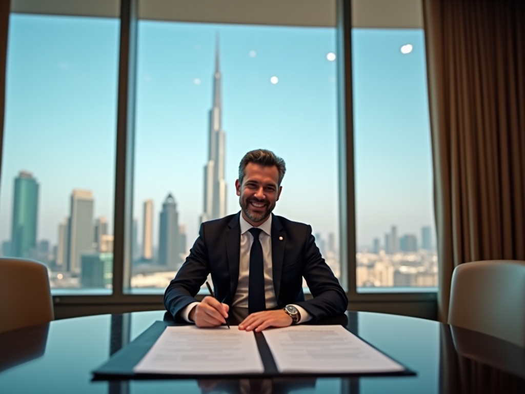 Smiling businessman at desk with documents, city skyline including tall tower visible through window.