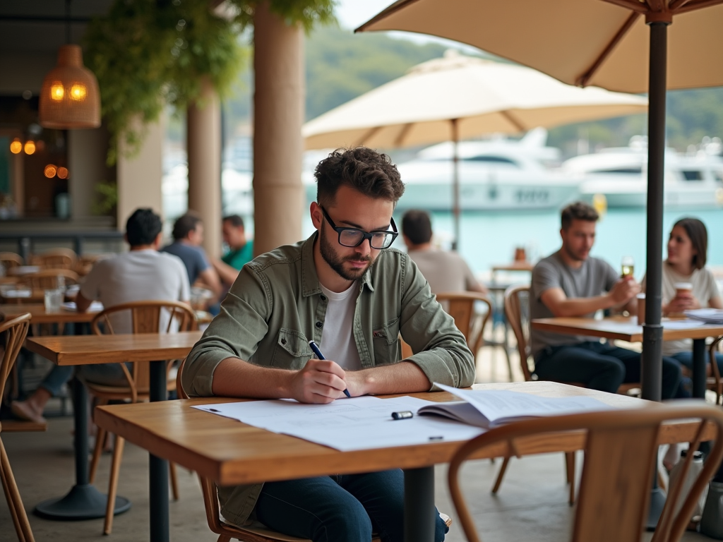 Man studying papers at outdoor cafe with other patrons in background.