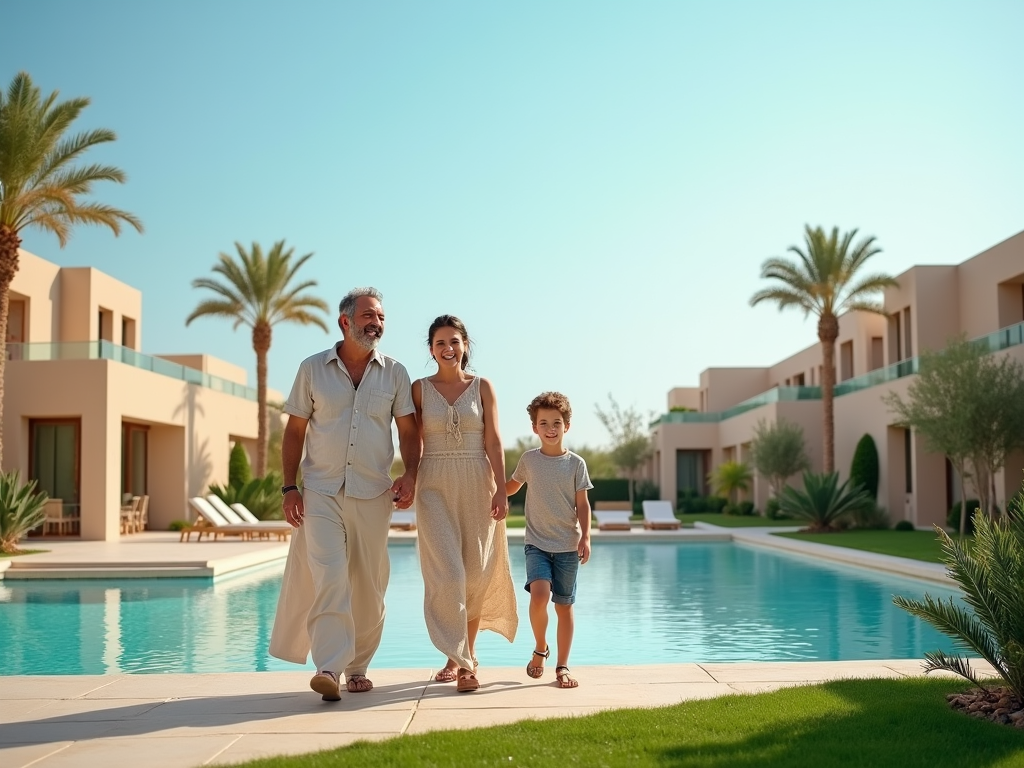 Family enjoying a leisurely walk by a pool in a luxurious resort setting.