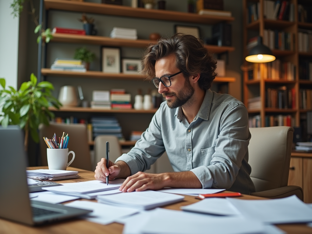 Man with glasses writing notes at a desk in a cozy, book-filled home office.